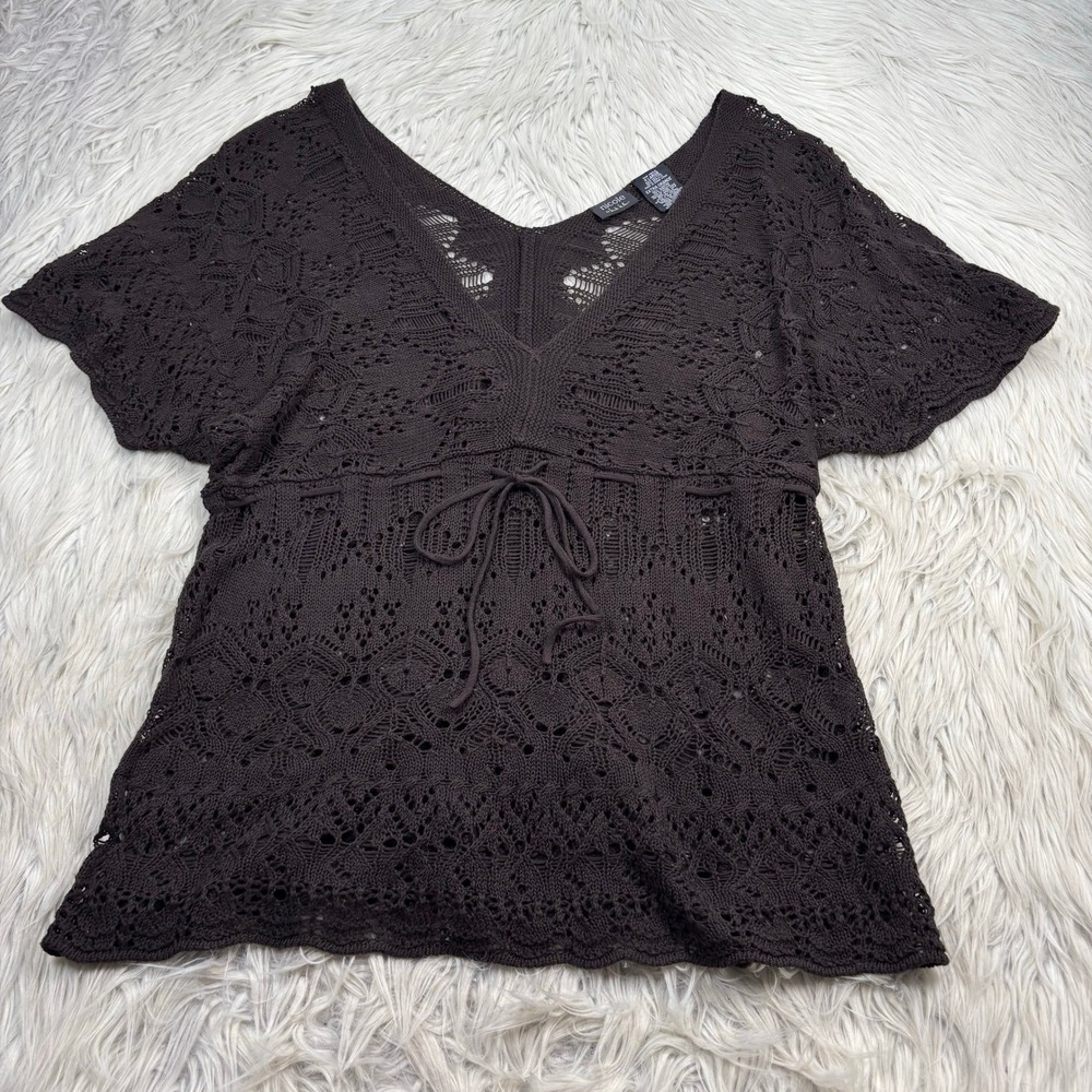 Nicole Miller Women's XL Brown Open Knit Empire Knit Top Boho Artsy Fairy Grunge